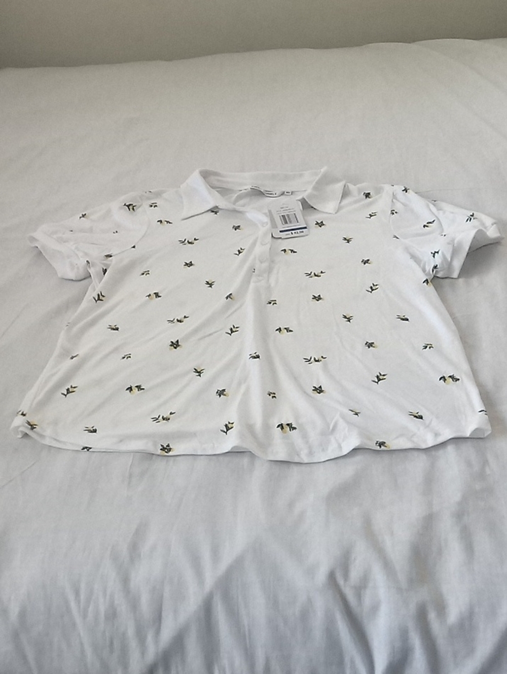 Emily Daniels White Polo Knit Top with Tiny Floral Print
